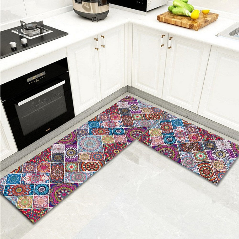 2Pcs Bohemian Kitchen Non-Slip Floor Mat Set-Round Patterns