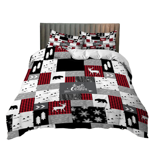 Christmas 3pcs Bedding Set Double Queen King Size Quilt Cover Pillowcases Set-Black