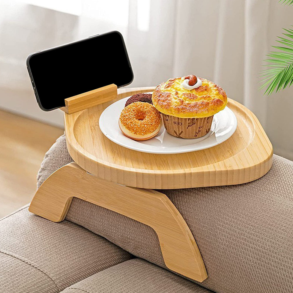 Bamboo Foldable Clip-on Sofa Armrest Tray with Phone Holder Round