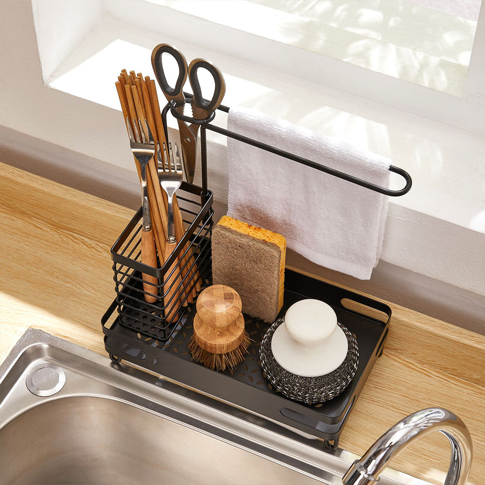 Kitchen Sink Storage Rack with Drain Pan Sponge Cleaning Cloth Holder