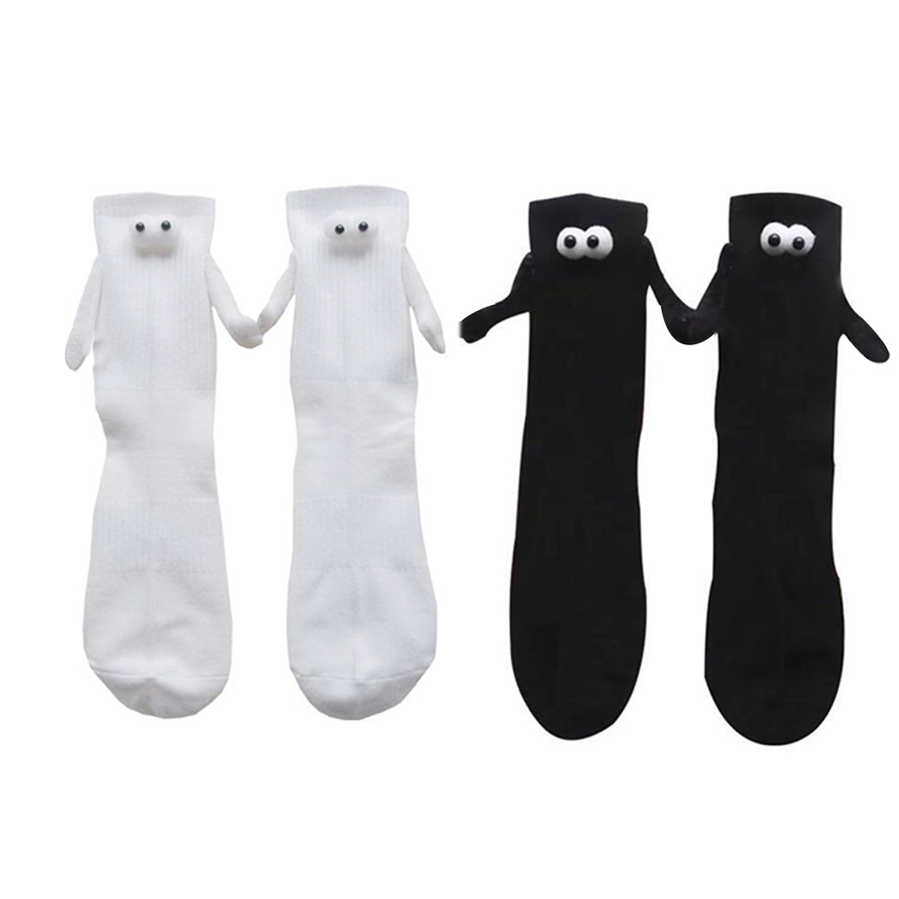 2Pairs Funny Suction 3D Doll Couple Holding Hands Socks for Women Men-Black and White