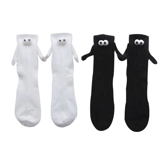 2Pairs Funny Suction 3D Doll Couple Holding Hands Socks for Women Men-Black and White