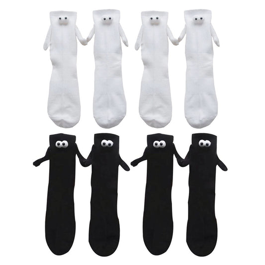 4Pairs Funny Suction 3D Doll Couple Holding Hands Socks for Women Men-2Black and 2White