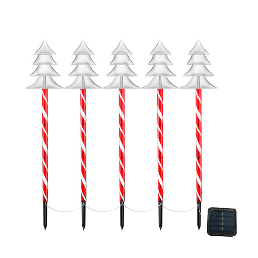 5 Pack 25 LEDs Christmas Warm White Candy Cane Solar Stakes Lights-Christmas Tree