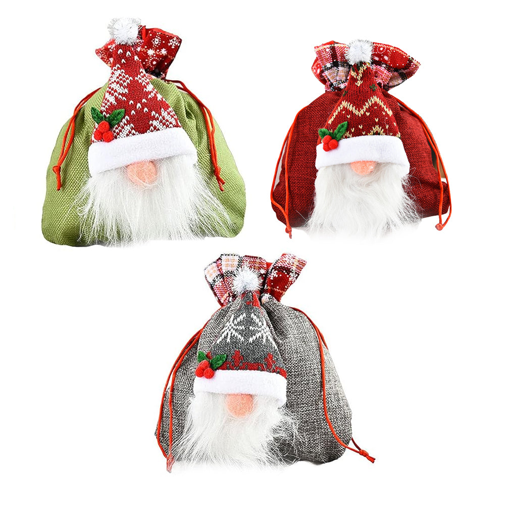 3Pcs 3D Faceless Santa Christmas Gift Bag Candy Bag Christmas Favor Bag Drawstring Bag