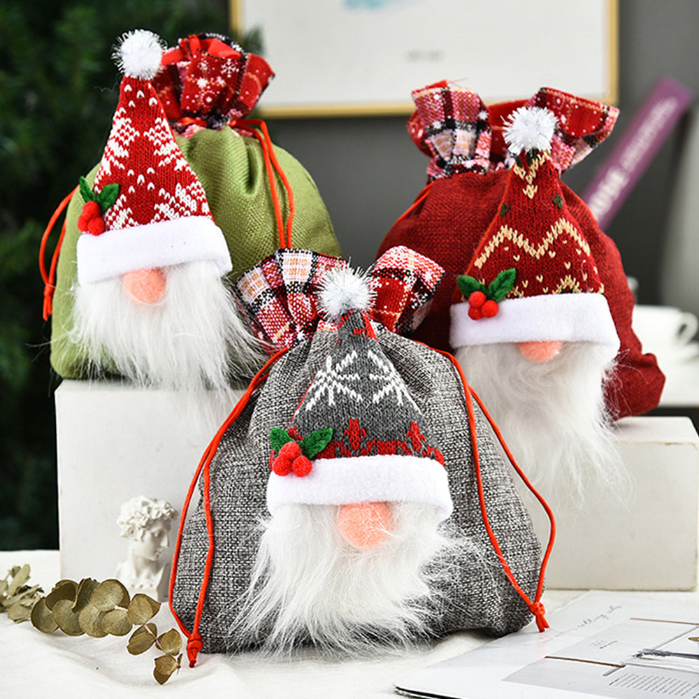 3Pcs 3D Faceless Santa Christmas Gift Bag Candy Bag Christmas Favor Bag Drawstring Bag