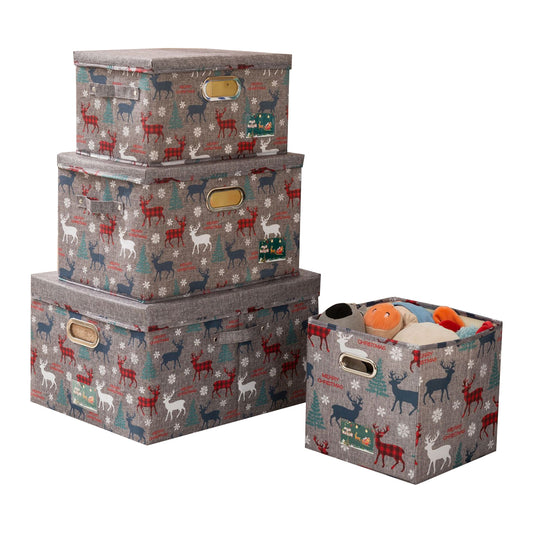 4Pcs Christmas Reindeer Foldable Storage Basket with Handles