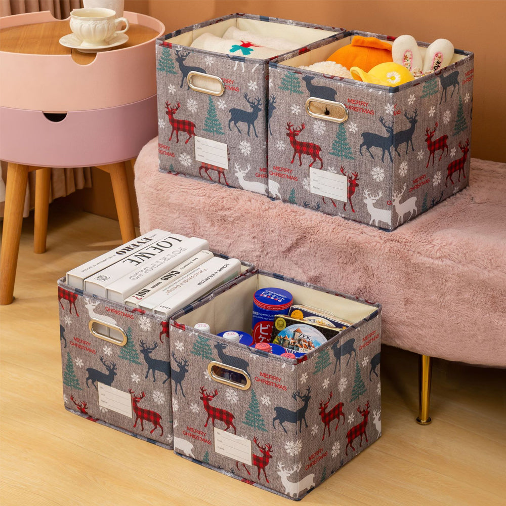 4Pcs Christmas Reindeer Foldable Storage Basket with Handles