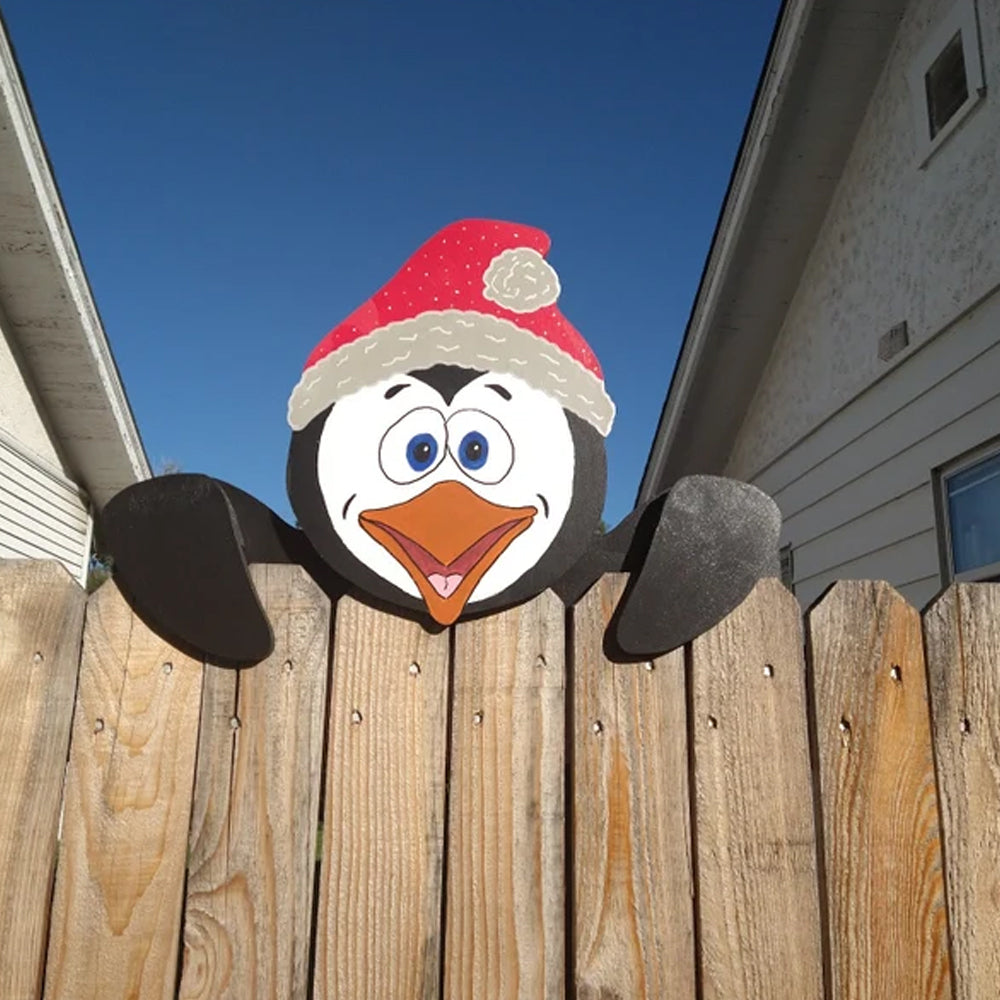 Christmas Fence Peeker Decoration Christmas Theme DIY Outdoor Garden Fence Signs-Penguin