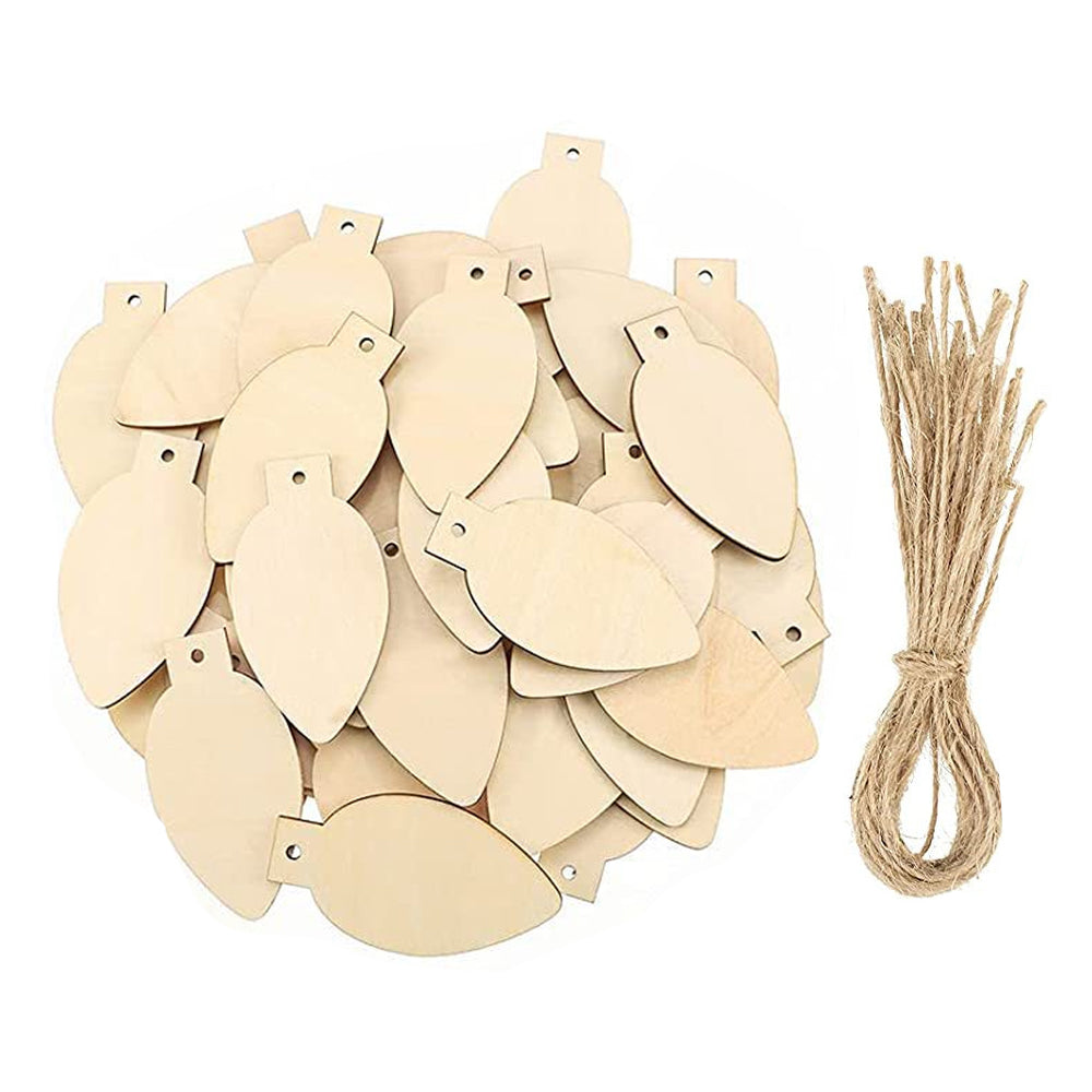 100Pcs Christmas Unfinished Wooden Light Bulb Wooden Slices Blank Christmas Wooden Hanging Decorations