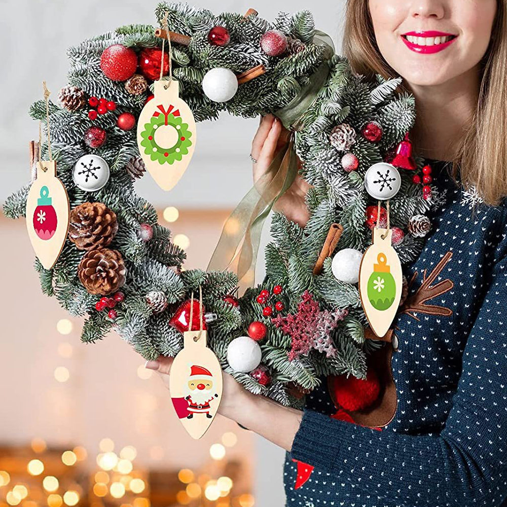100Pcs Christmas Unfinished Wooden Light Bulb Wooden Slices Blank Christmas Wooden Hanging Decorations