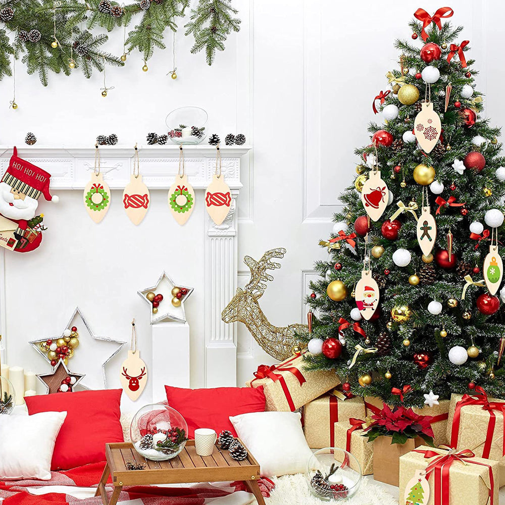 100Pcs Christmas Unfinished Wooden Light Bulb Wooden Slices Blank Christmas Wooden Hanging Decorations