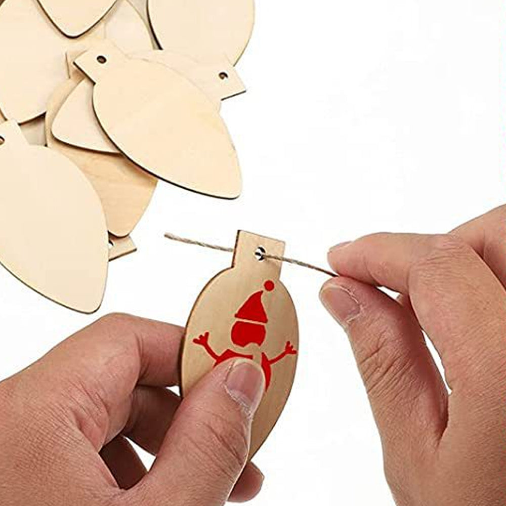 100Pcs Christmas Unfinished Wooden Light Bulb Wooden Slices Blank Christmas Wooden Hanging Decorations