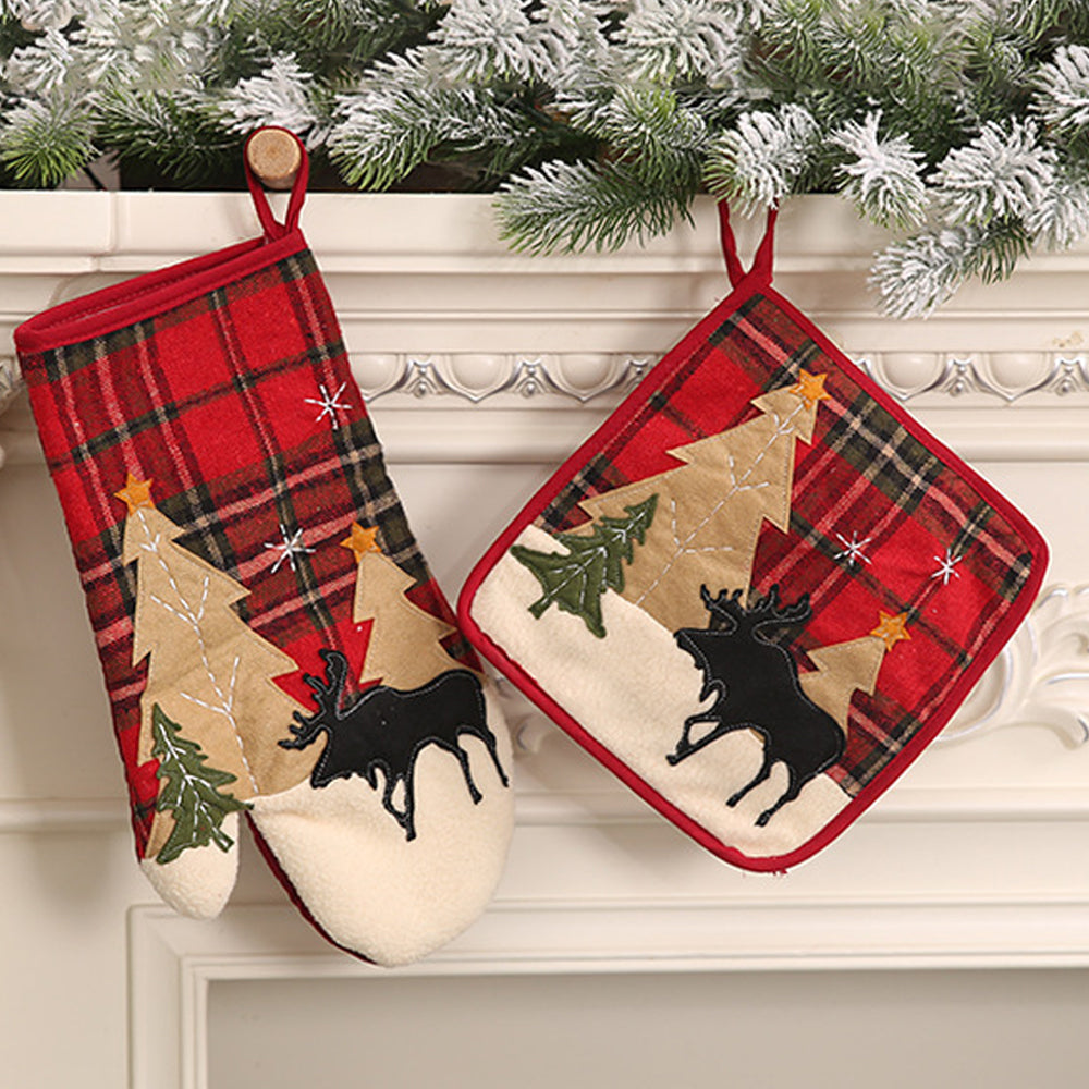 2Pcs Set Christmas Oven Mitt/Pot Holder Reusable Kitchen Heat Insulation Pad Microwave Gloves