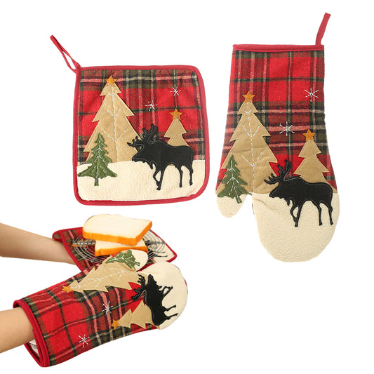 2Pcs Set Christmas Oven Mitt/Pot Holder Reusable Kitchen Heat Insulation Pad Microwave Gloves