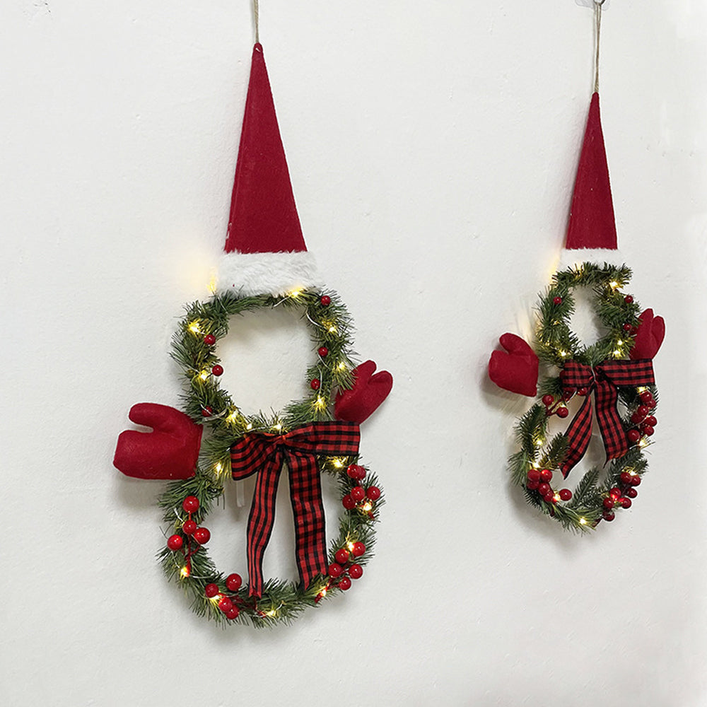 2Pcs Artificial Christmas Wreath Door Decoration LED Snowman and Dwarf Hanging Pendant