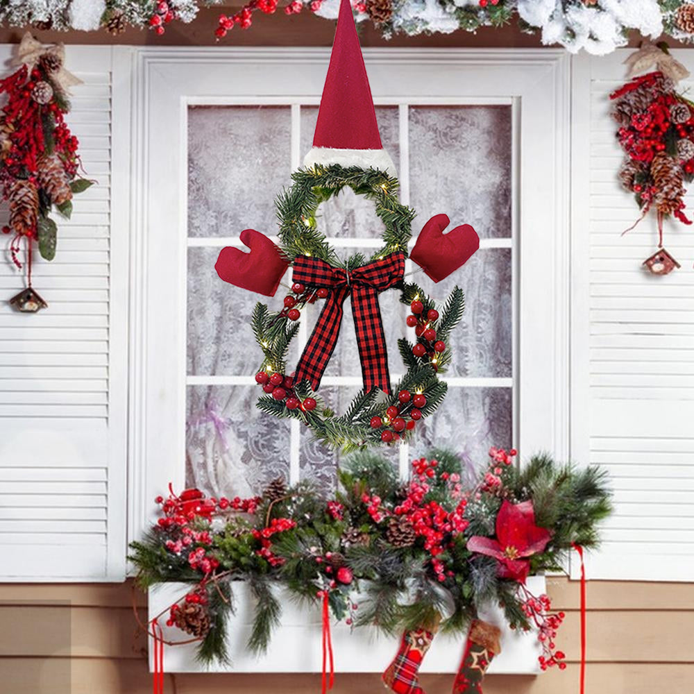 2Pcs Artificial Christmas Wreath Door Decoration LED Snowman and Dwarf Hanging Pendant