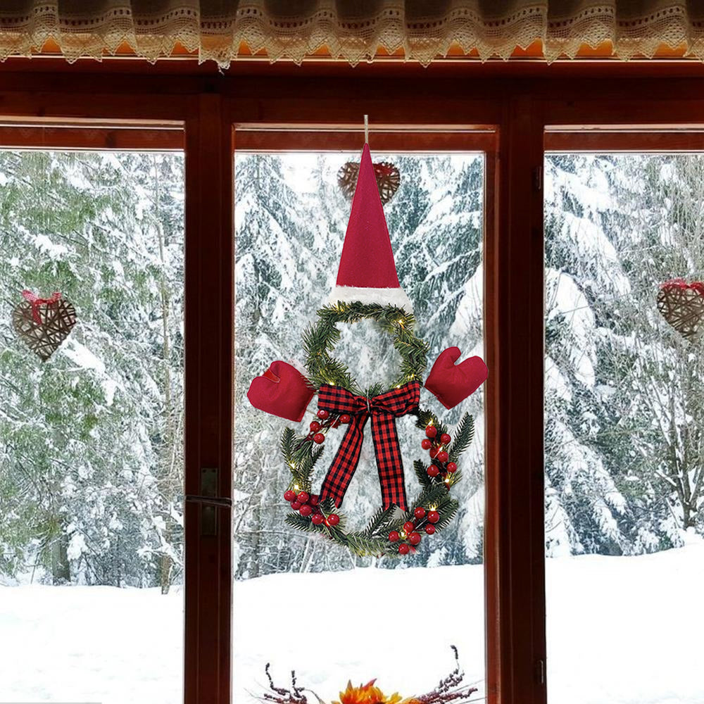 2Pcs Artificial Christmas Wreath Door Decoration LED Snowman and Dwarf Hanging Pendant
