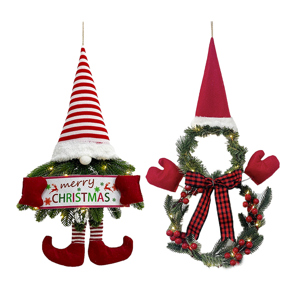 2Pcs Artificial Christmas Wreath Door Decoration LED Snowman and Dwarf Hanging Pendant