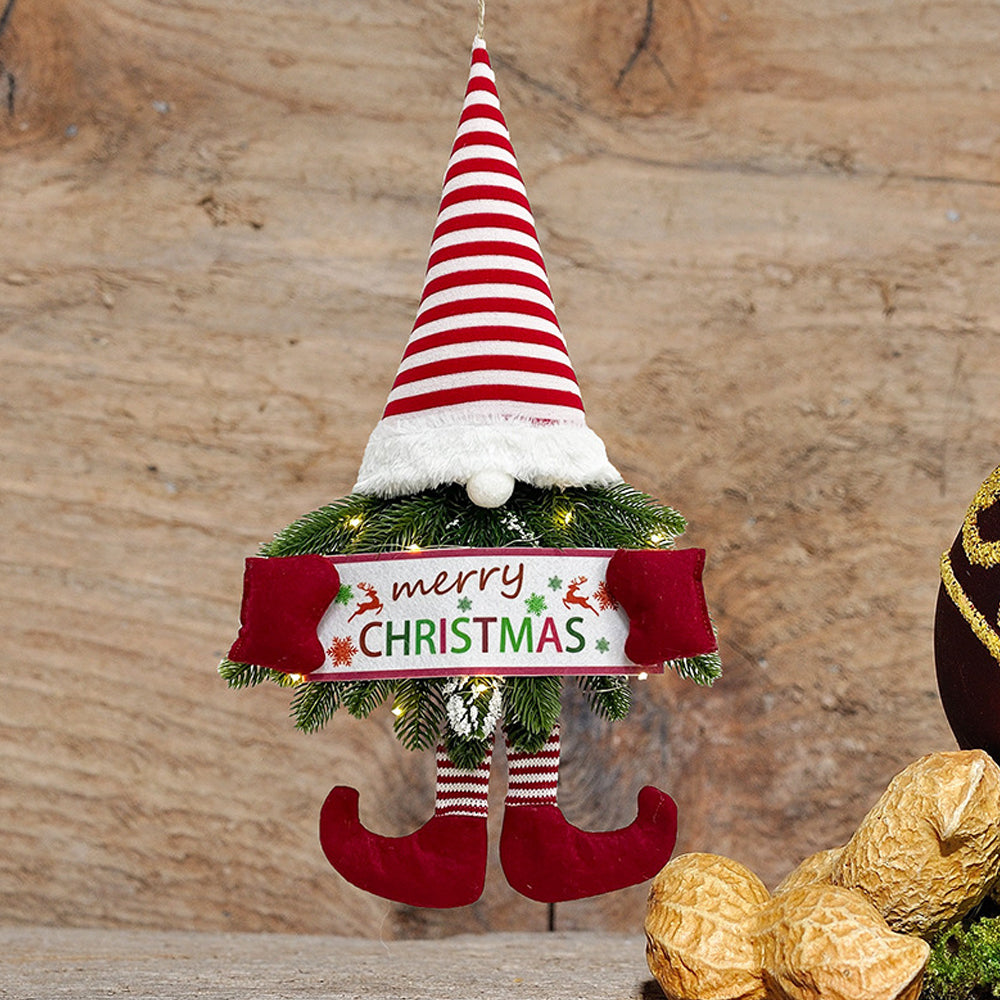 2Pcs Artificial Christmas Wreath Door Decoration LED Snowman and Dwarf Hanging Pendant