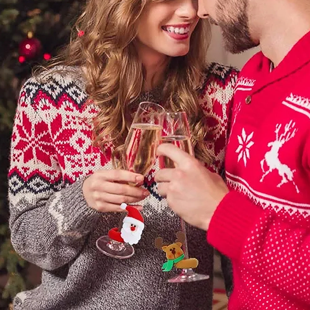 6Pcs Christmas Wine Glass Charms Adorable Santa Elk Drink Tag Wine Glass Marker