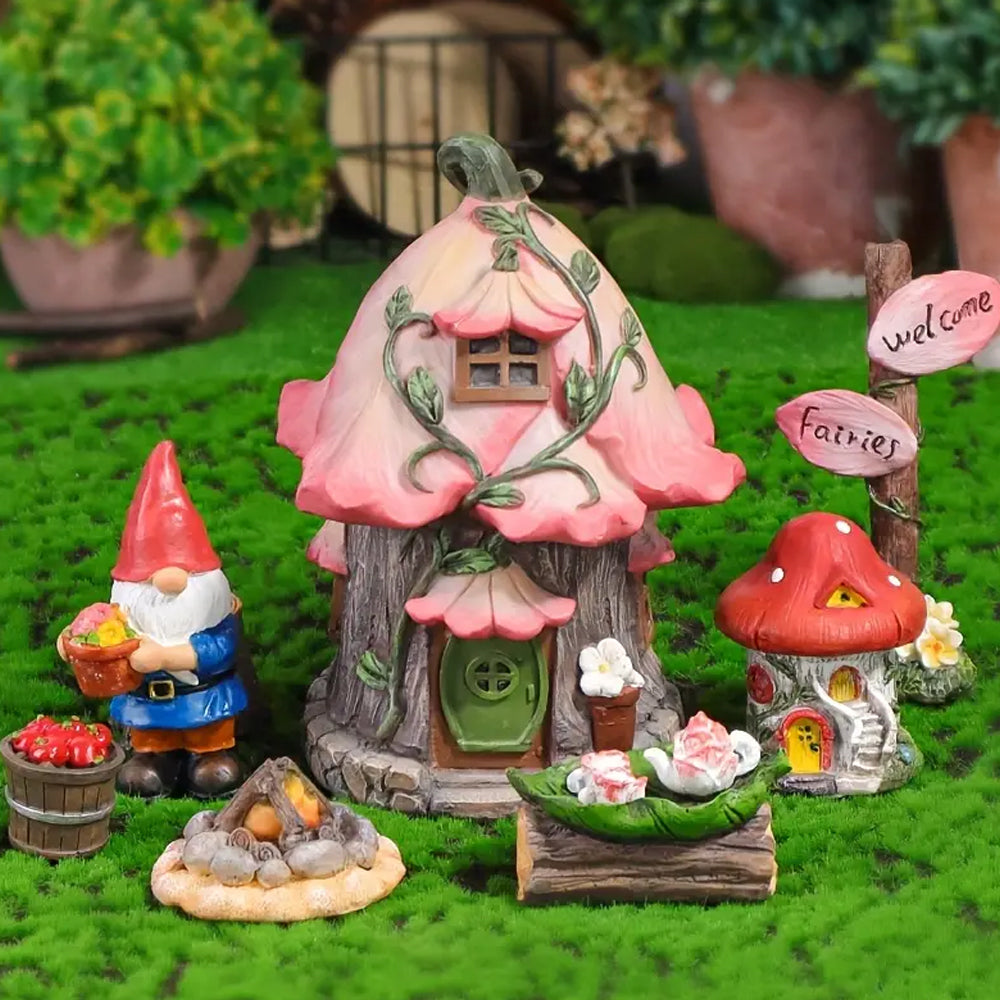 Resin Gnomes Mushroom House Statues Miniature Garden Decoration Kit