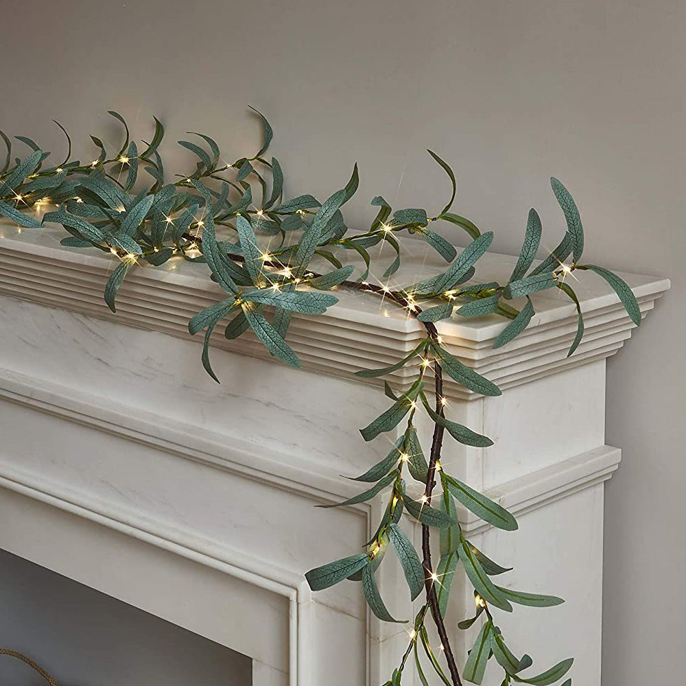 Artificial Plants Green Leaf Garland Led String Light with Timer 96 Fairy Lights-Olive Leaf