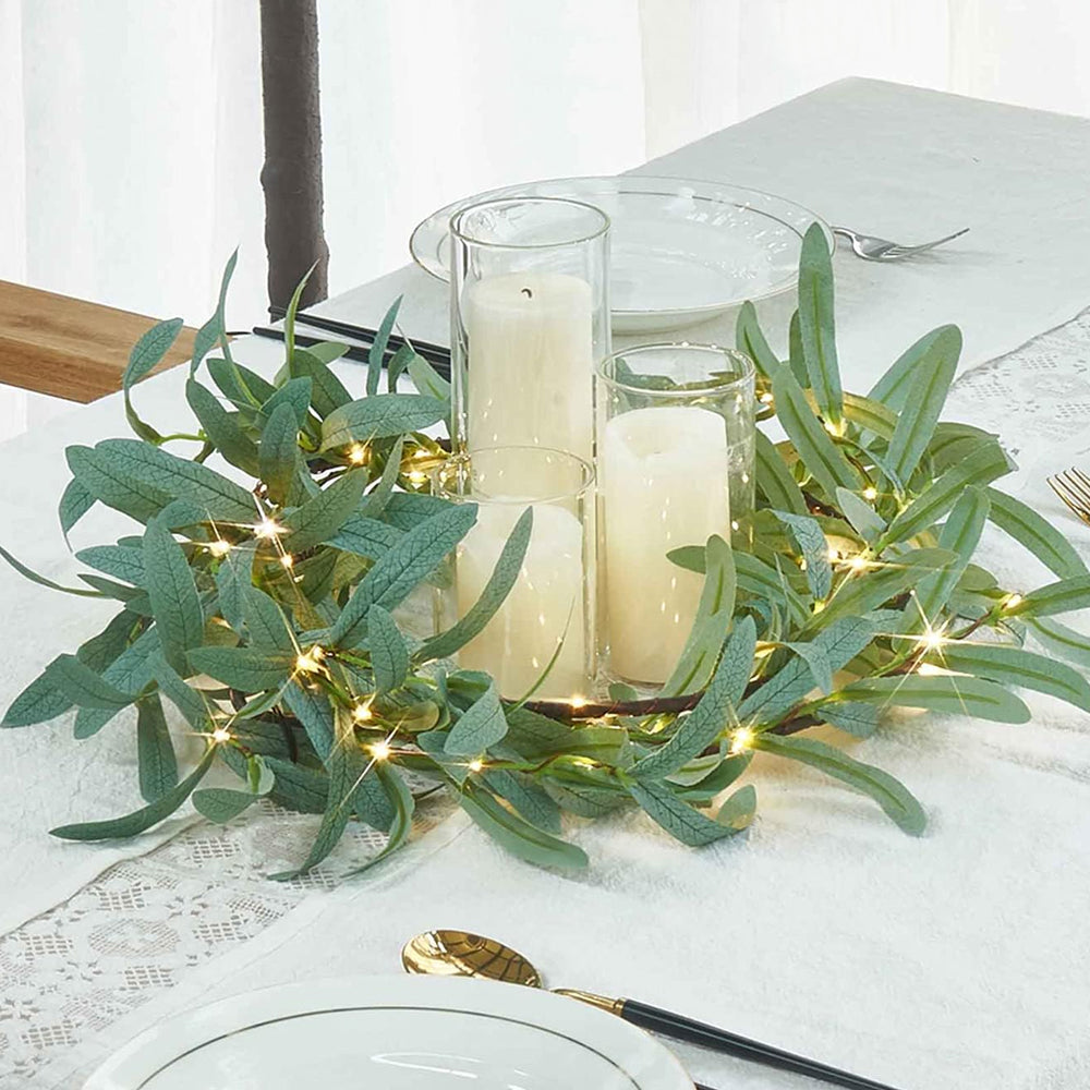 Artificial Plants Green Leaf Garland Led String Light with Timer 96 Fairy Lights-Olive Leaf