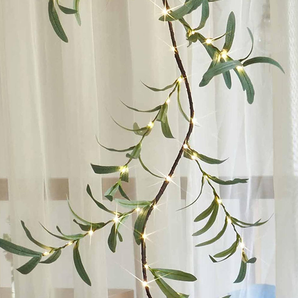 Artificial Plants Green Leaf Garland Led String Light with Timer 96 Fairy Lights-Olive Leaf