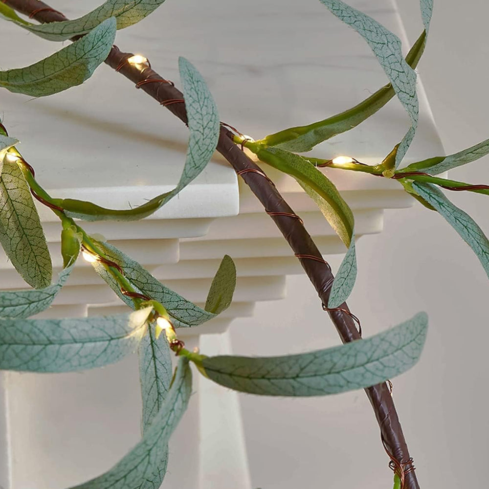 Artificial Plants Green Leaf Garland Led String Light with Timer 96 Fairy Lights-Olive Leaf