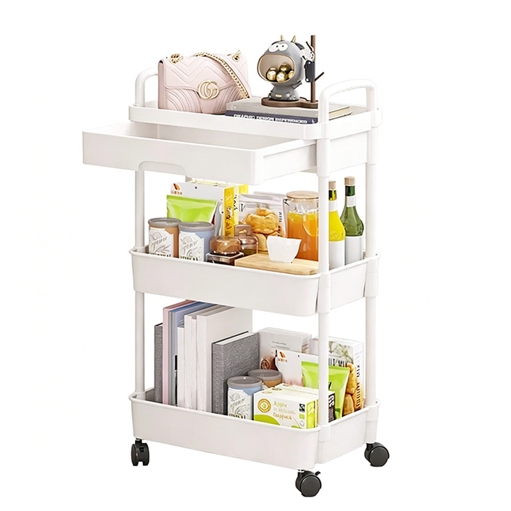 3 Tier Rolling Utility Cart with Removable Drawer for Kitchen Snack Craft
