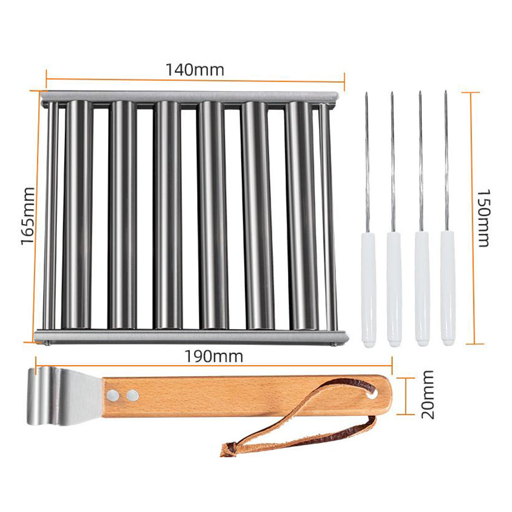 Stainless Steel Hot Dog Grill with Wooden Handle and 4 BBQ Skewers