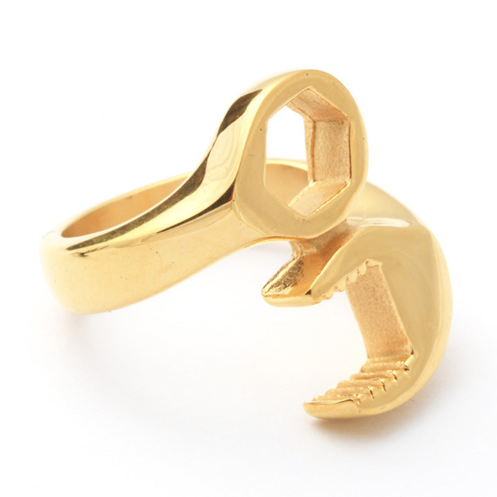 Stainless Steel Wrench Shaped Industrial Punk Ring for Men and Women-Gold