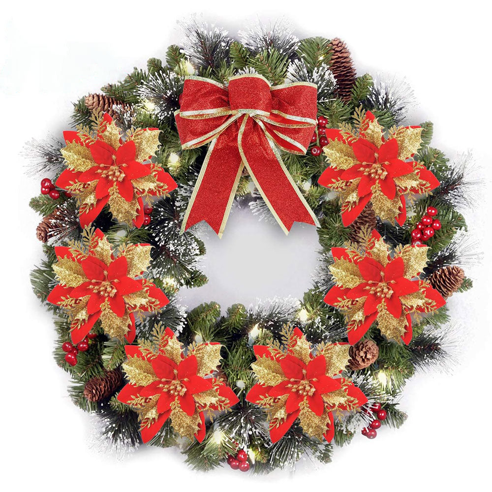 12Pcs Christmas Glitter Poinsettia Artificial Flower with Clip and Stem