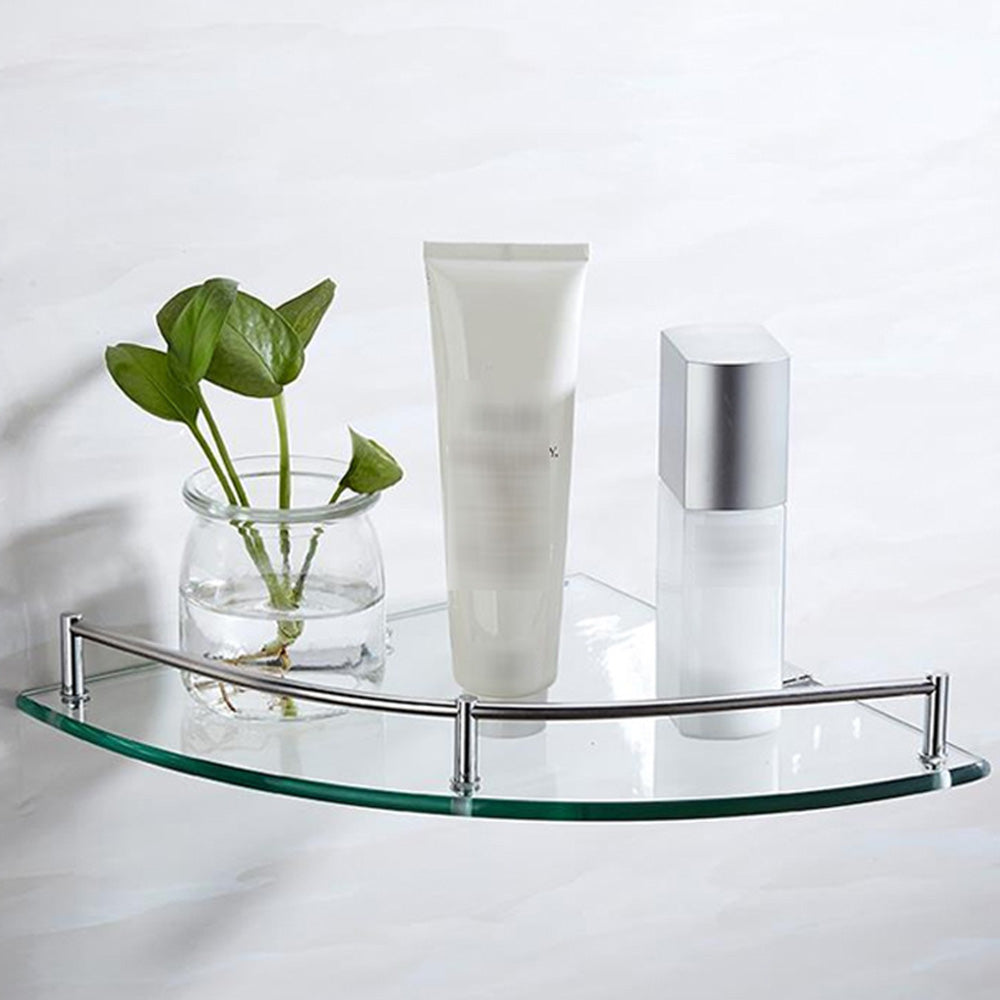 2XGlass Corner Bathroom Shelf with Stainless Steel Guard Rail