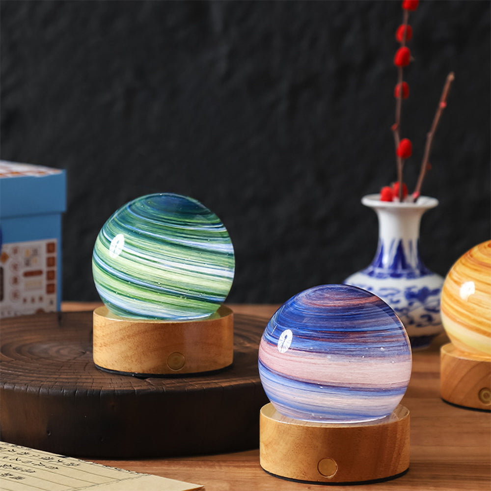 Planet Night Light with Wooden Base Crystal Ball 3 Color Dimmable LED