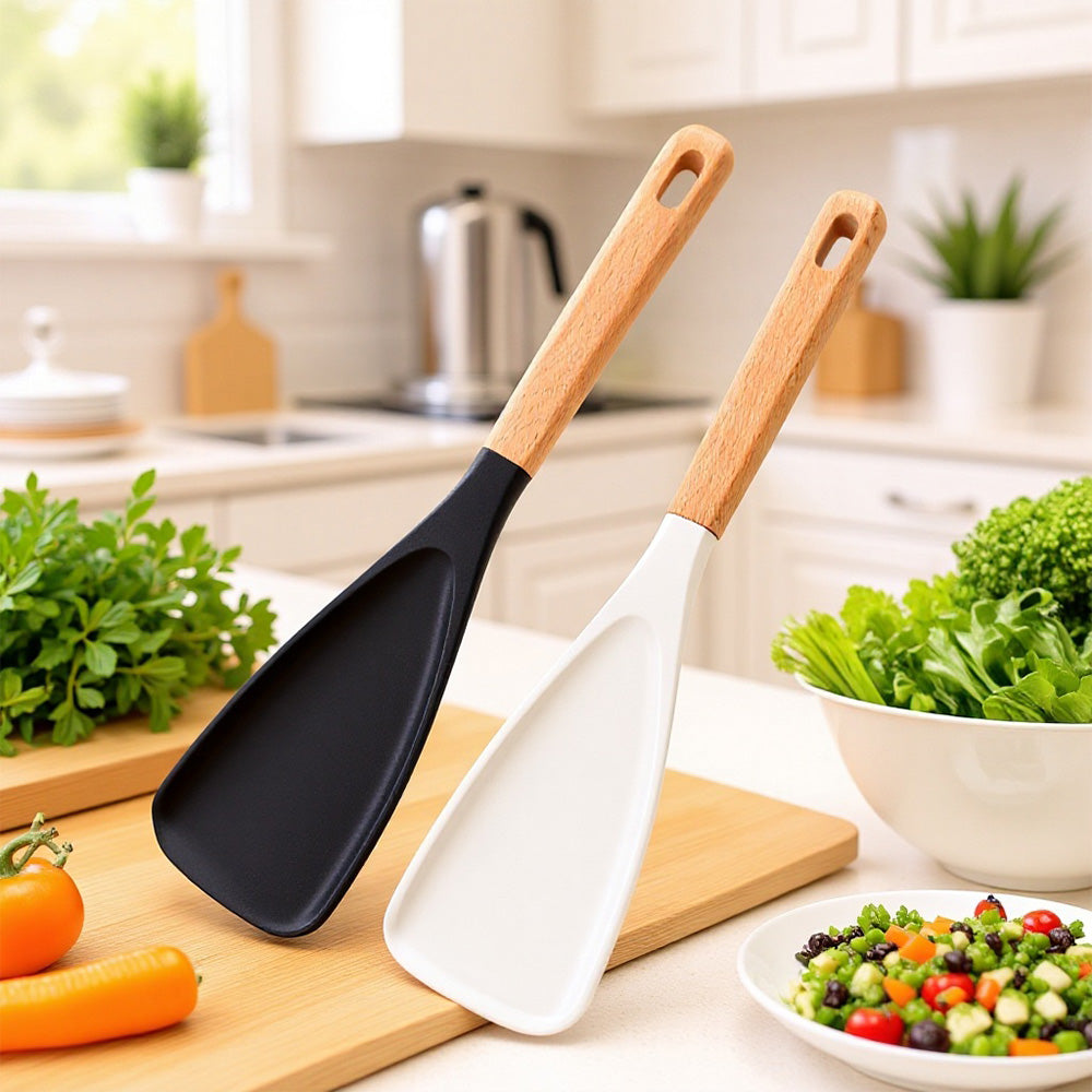 2Pcs Silicone Spoons for Cooking Wood Handle Spoon for Mixing Scoop and Scrape