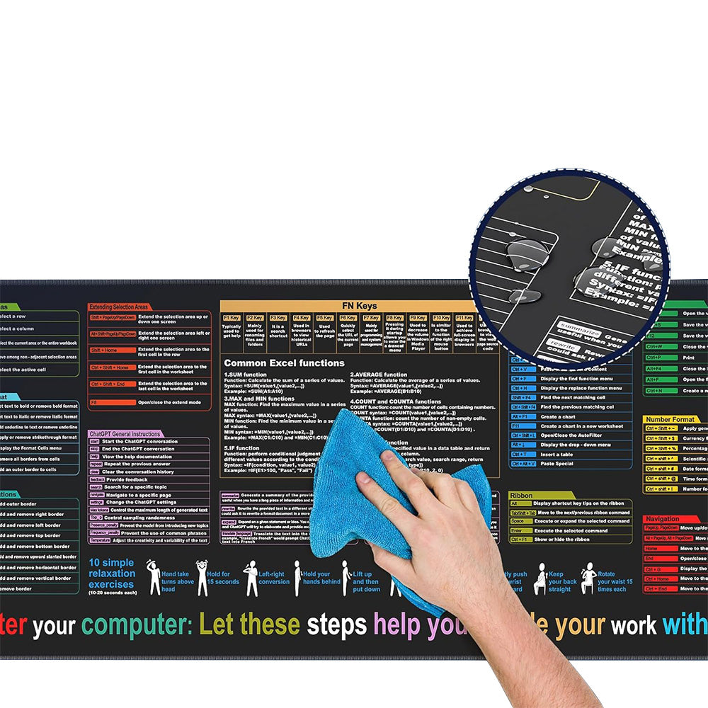 Excel Cheat Sheet Desk Mat Non-Slip Excel Shortcuts Mouse Pad Shortcuts Mouse Mat