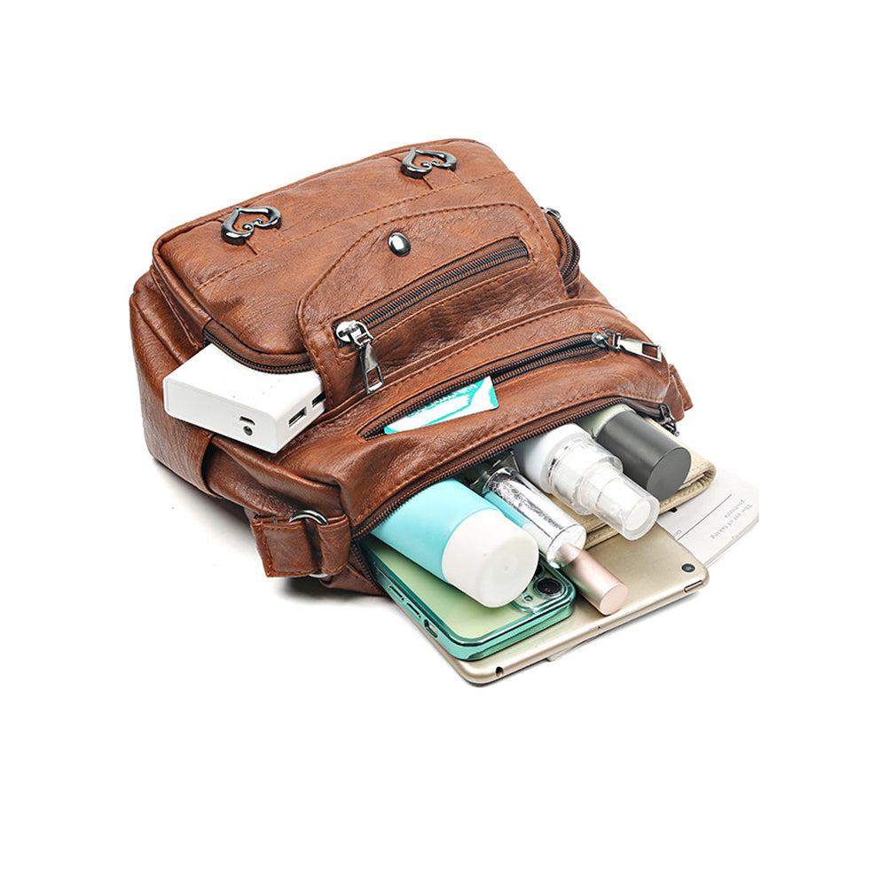 Retro Multi Pockets Crossbody Bag PU Leather Crossbody Shoulder Bag for Women