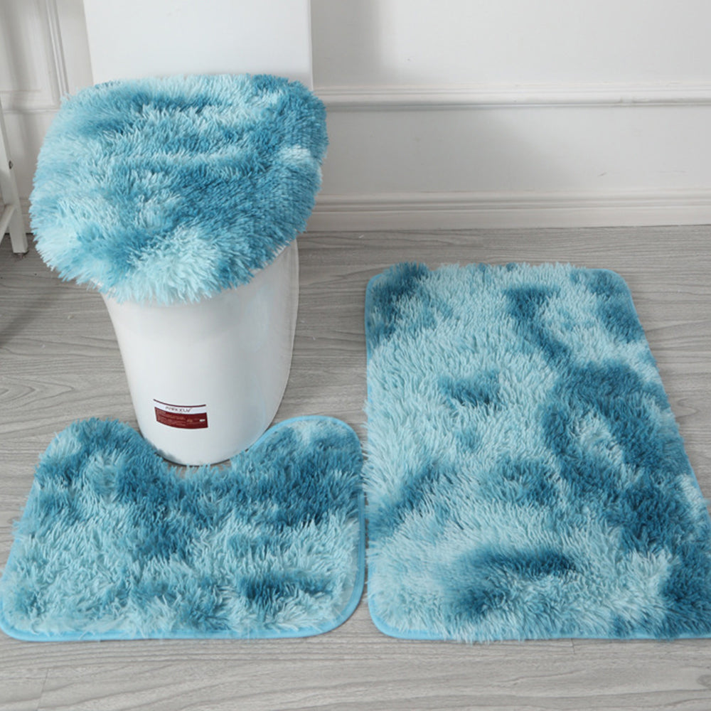 Washable 3pc Bathroom Mat Set Fluffy Toilet Cover Pedestal Rug Bath Mat