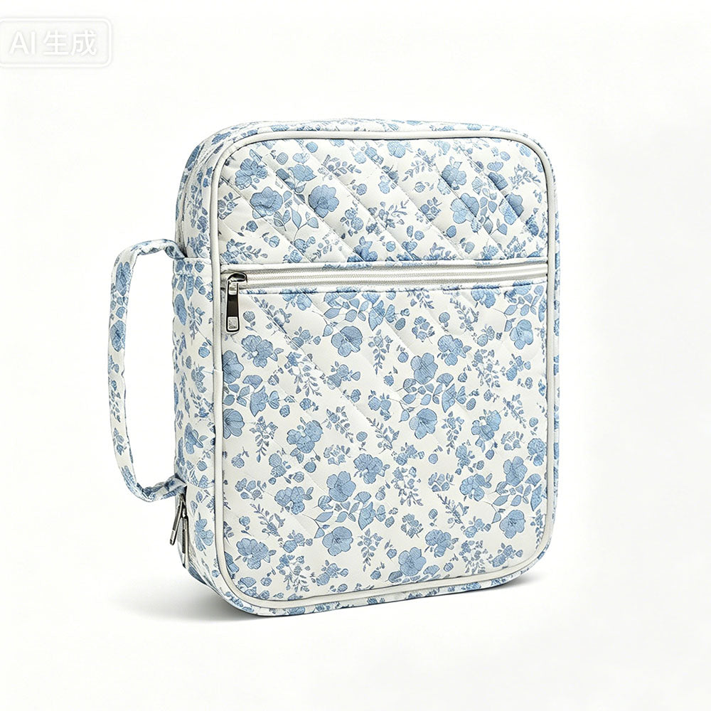 Quilted Book Cover Bag with Pen Loops Ribbon Bookmark Zipper