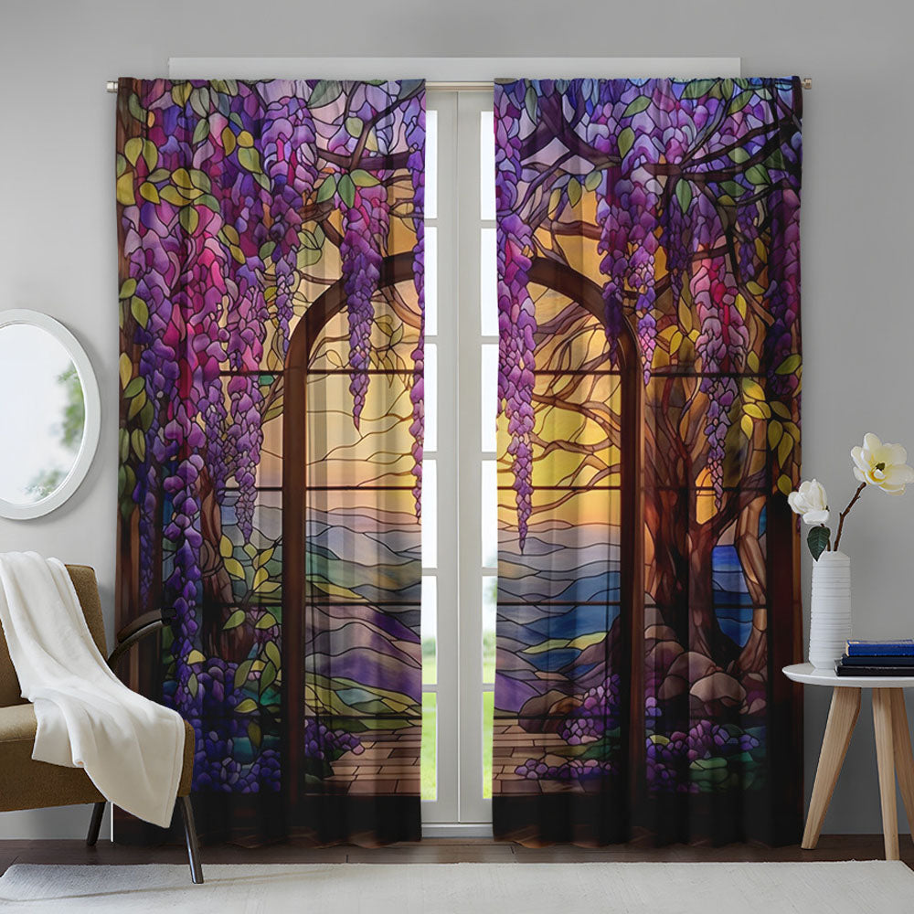 2Pcs Stained Glass Flower Wisteria Printed Curtain for Home Decor