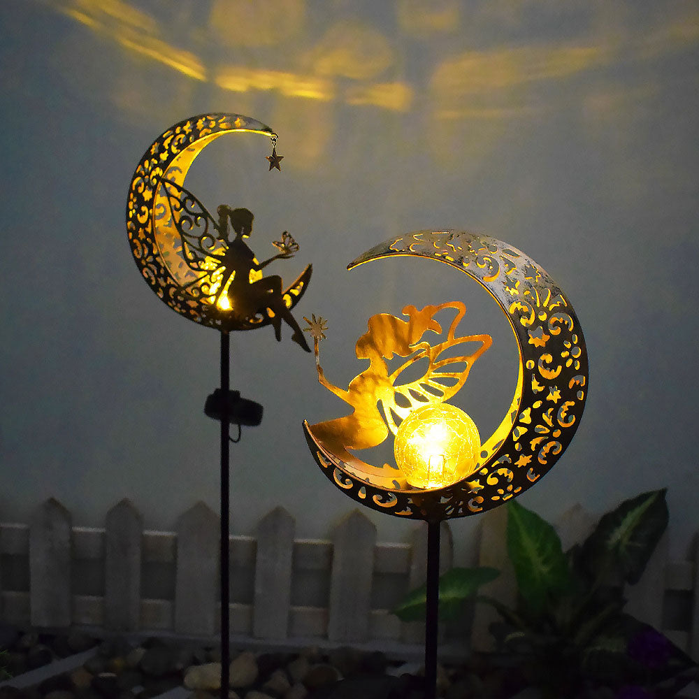 Iron Solar Garden Statues Outdoor Decor Fairy Figurine Light Stake-Moon