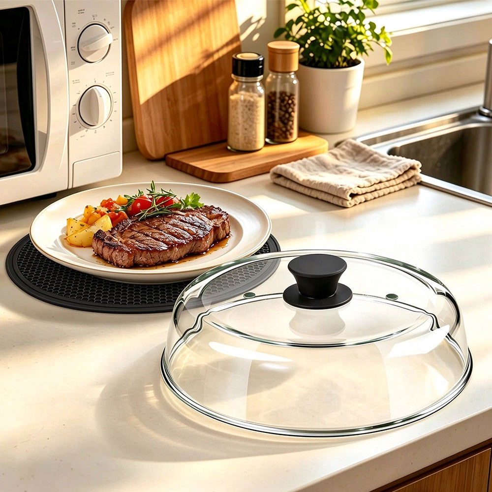 Microwave Glass Splatter Cover with Silicone Trivet Dual Vents and Handle