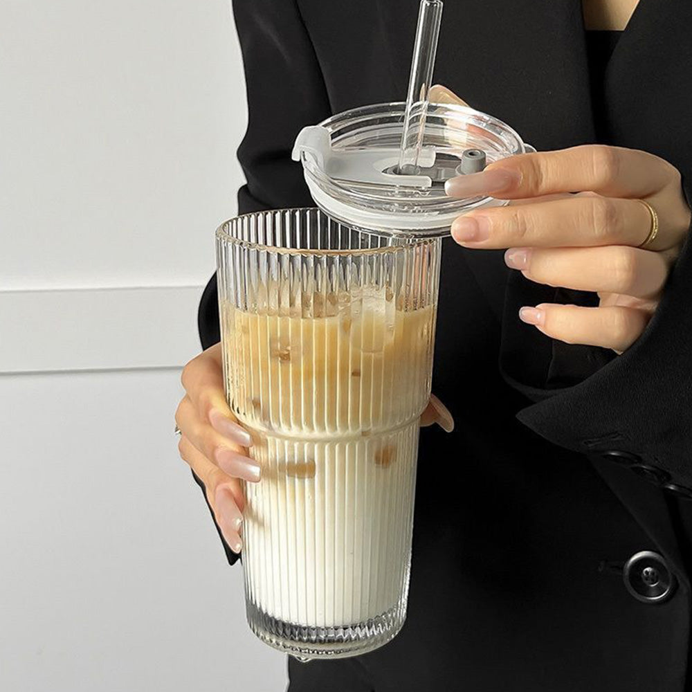 2Pcs Iced Coffee Cups with Lid Ribbed Glass Tumbler with Straw Leak Proof Reusable for To Go