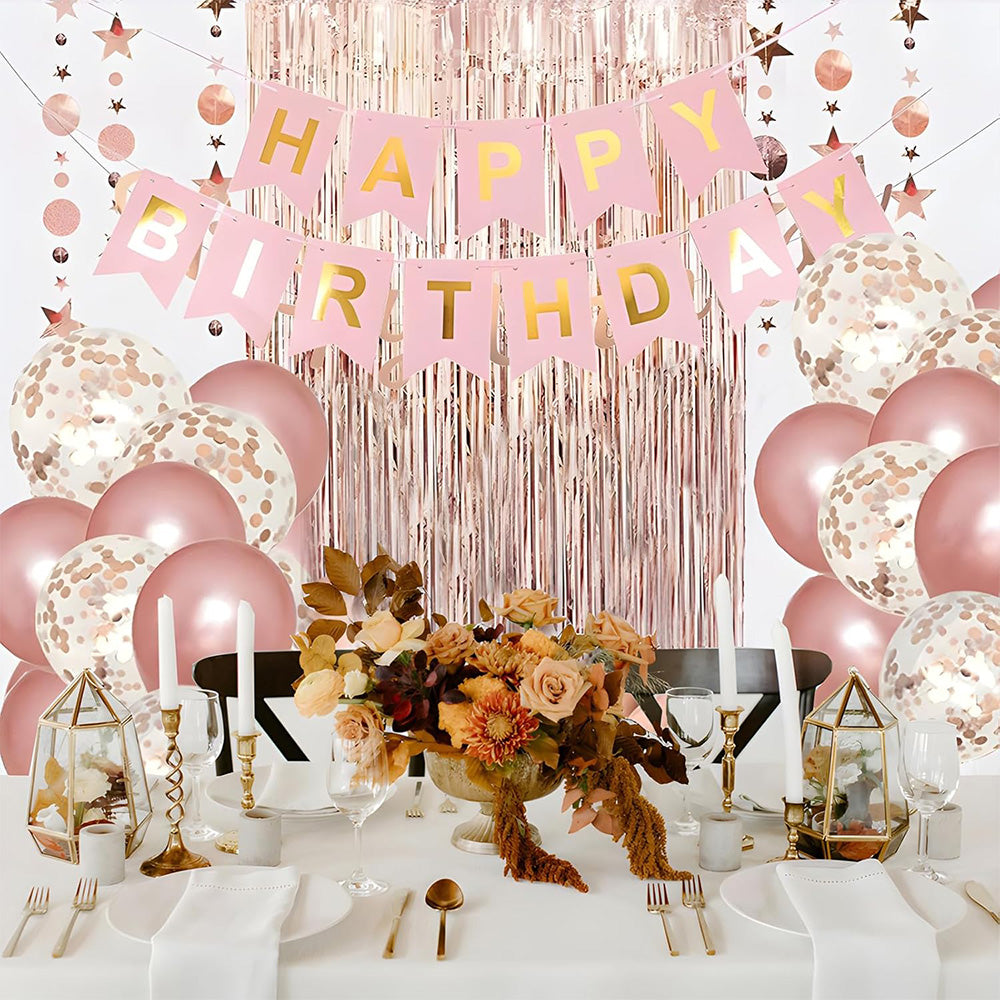 Rose Gold Happy Birthday Party Decorations Set Banner Foil Balloons Curtain Backdrop for Women Girls