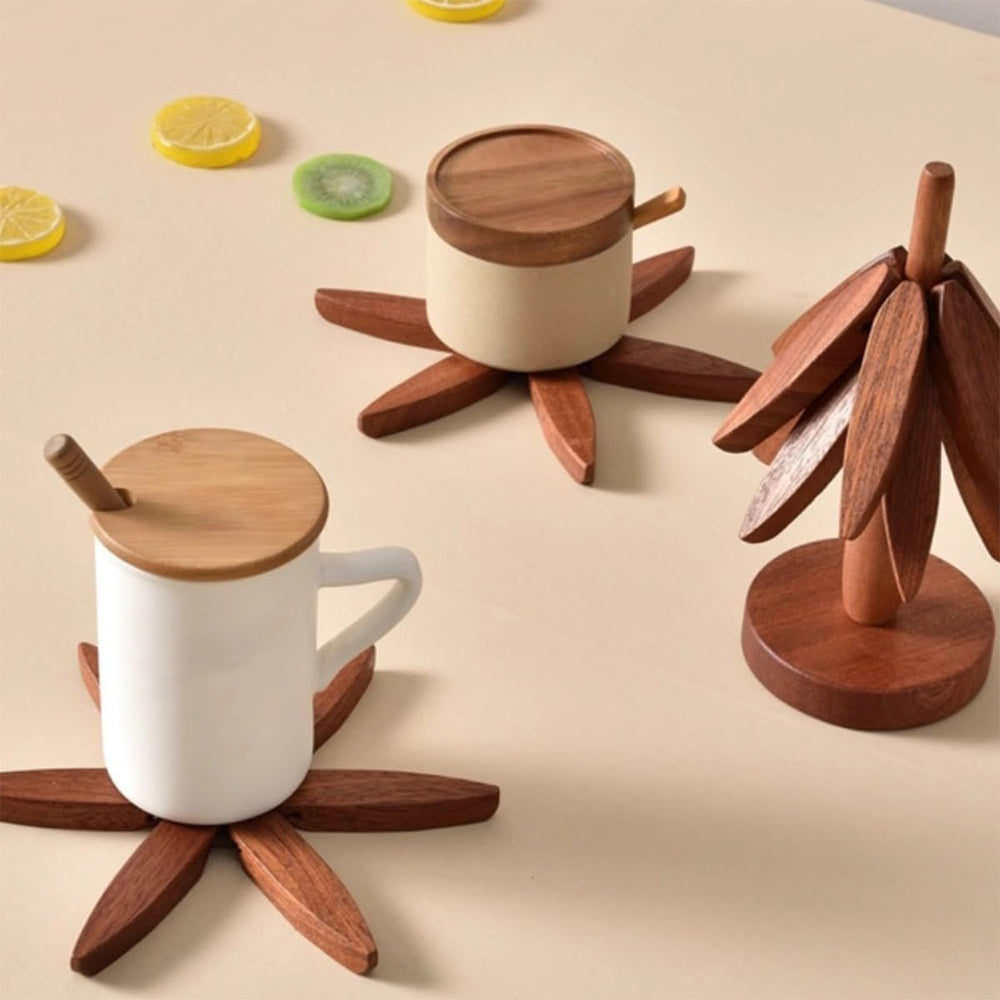 4Pcs Tree Art Design Coasters With A Stand Wooden Tree Shape Trivet Set for Hot Dishes