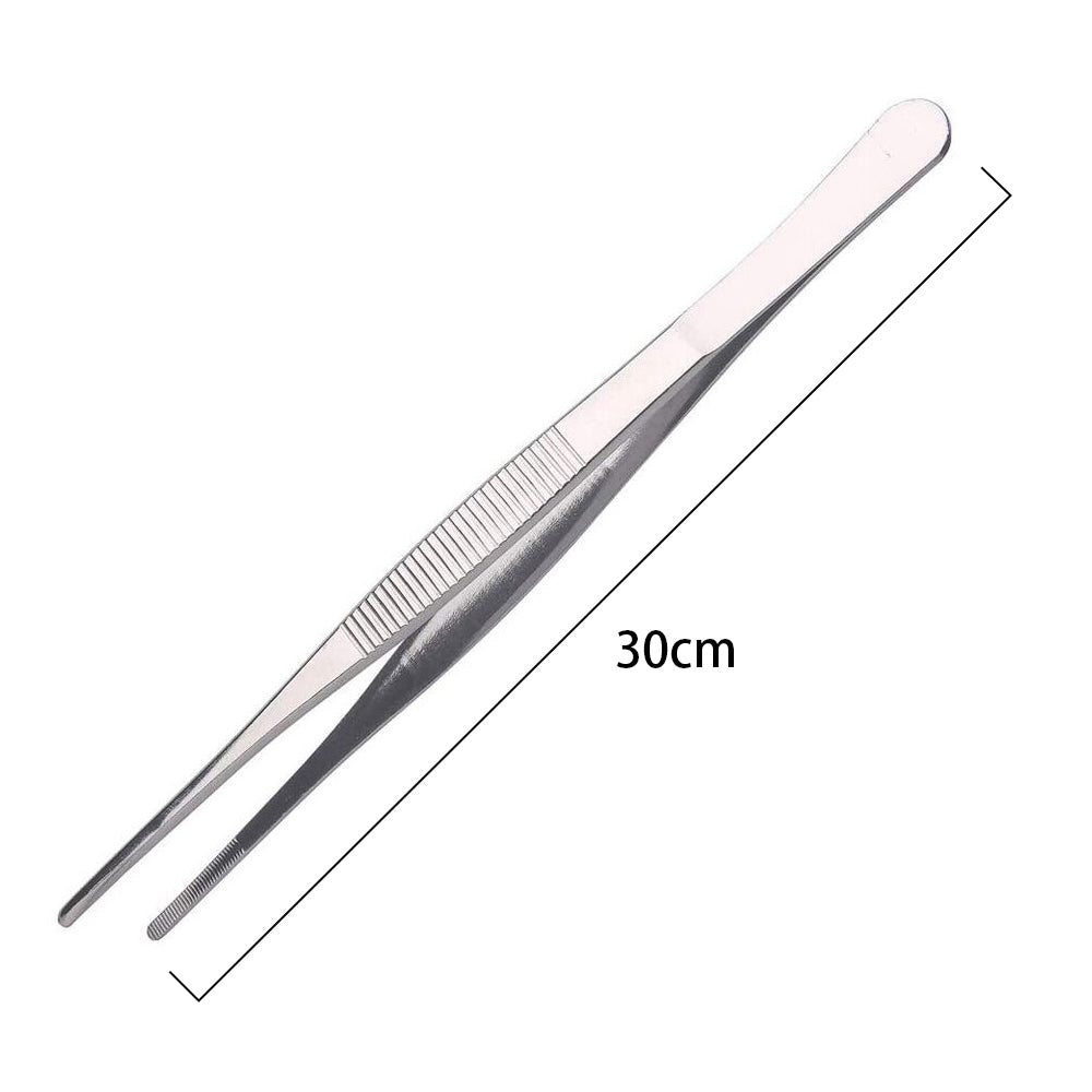 2Pcs Silver Stainless Steel Long Food Tong Straight Tweezers Kitchen Tool