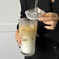 Iced Coffee Cups with Lid Ribbed Glass Tumbler with Straw Leak Proof Reusable for To Go