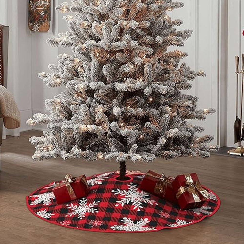 90/122CM Plaid Red-Black Christmas Tree Skirt with White Snowflake-Style 3
